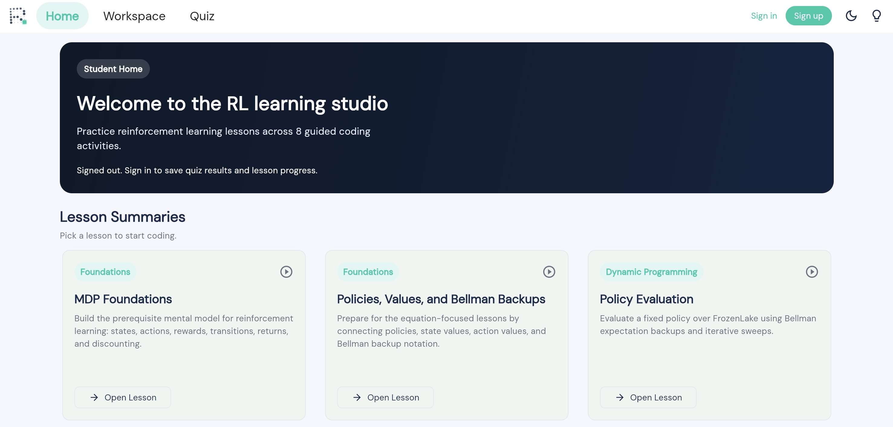 Lesson library dashboard screenshot